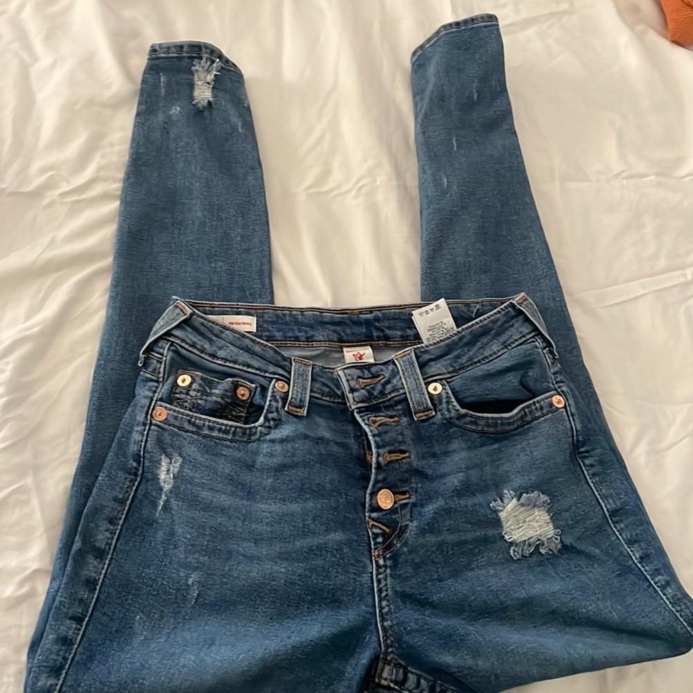 True religion Jeanne curvy high rise skinny with gold button fly and distressed